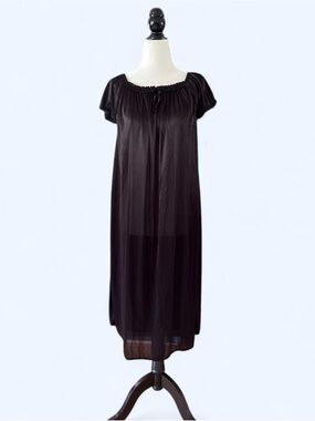 Vintage Black Short Sleeve Silky Nightgown Coquette Bow Large